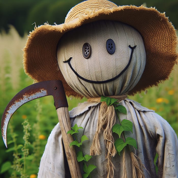 Smiling Scarecrow in Field with Rusty Sickle