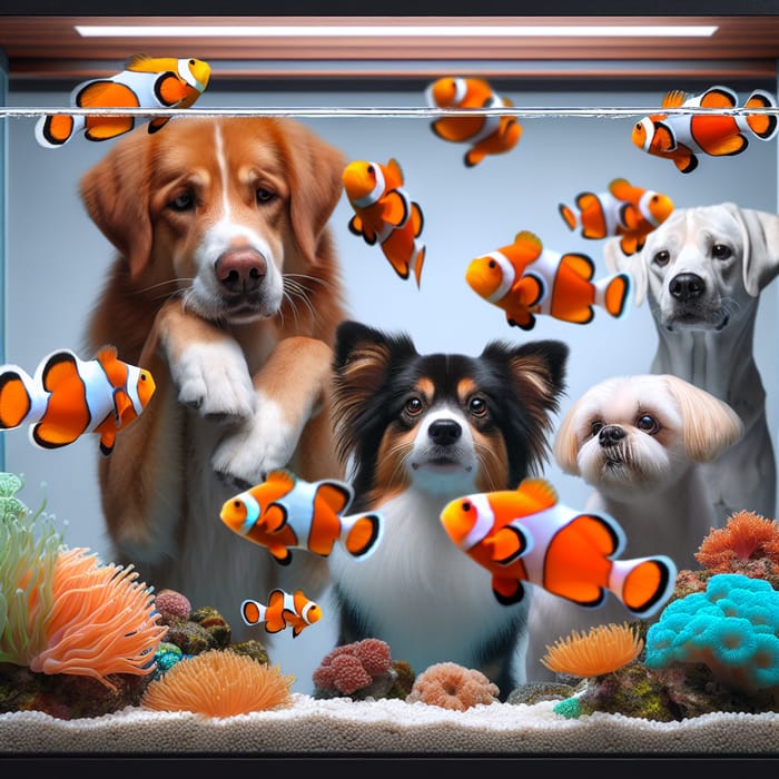 Playful Dogs and Clownfish in Vibrant Aquarium Scene