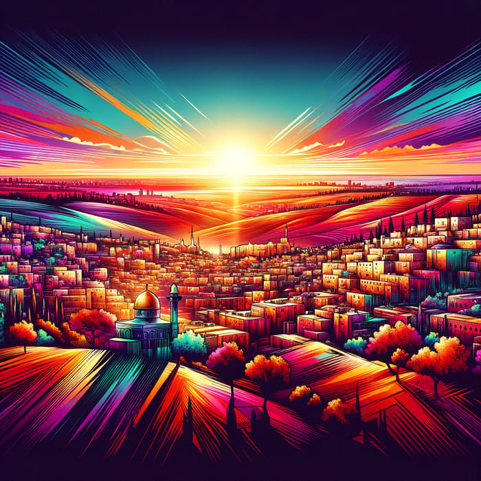 Vivid Jerusalem Cityscape Sunset in Multicolored Shades with Makom