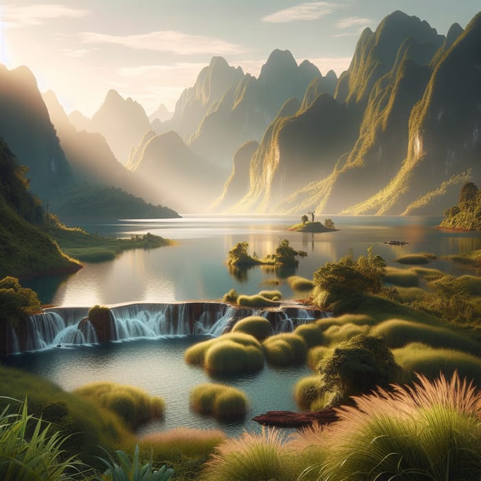 Tranquil Landscape with Waterfall, Large Lake & Mountains
