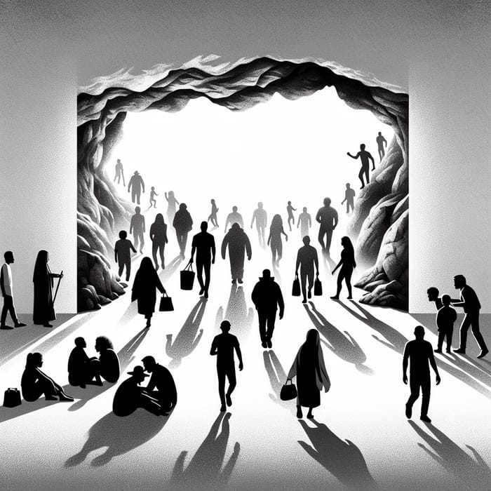 Silhouettes of Resilience: Exiting Cavern in Minimalist Illustration