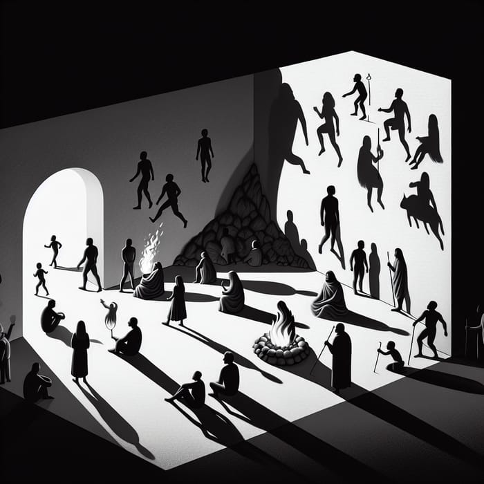 Plato's Allegory of the Cave: Diverse Individuals in Minimalist Black & White Style