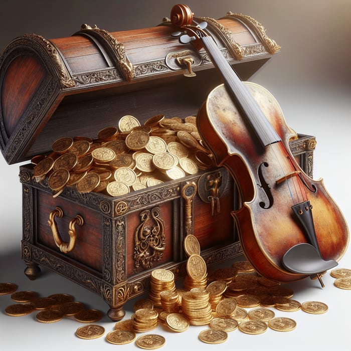 Antique Treasure Chest with Gold Coins and Violin on White Background