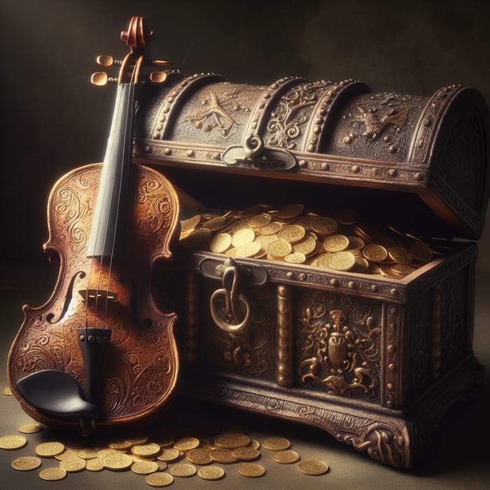 Intricate Violin and Antique Treasure Chest