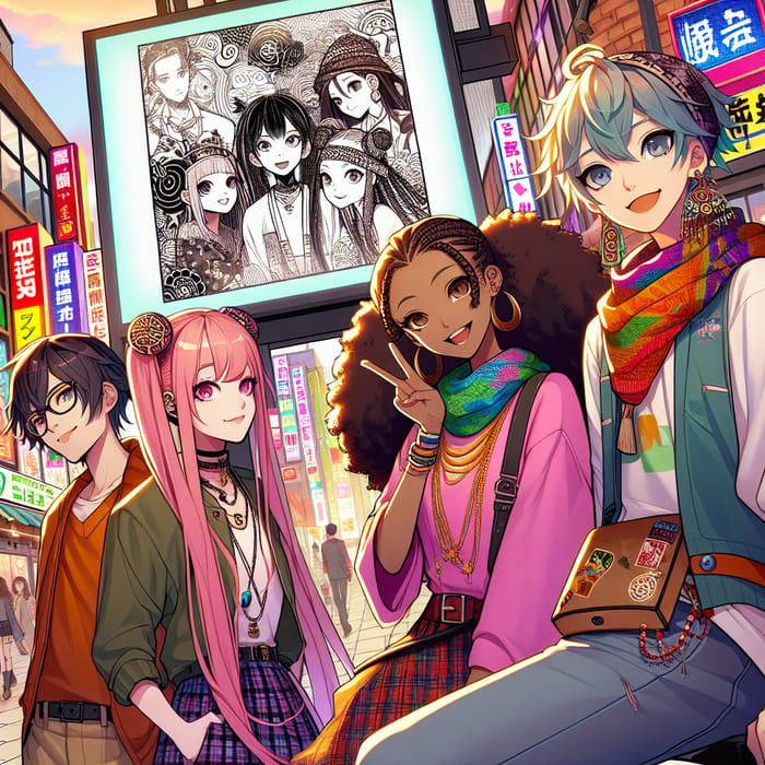 Colorful Anime Scene Featuring Trendy Characters in Vibrant City Landscape