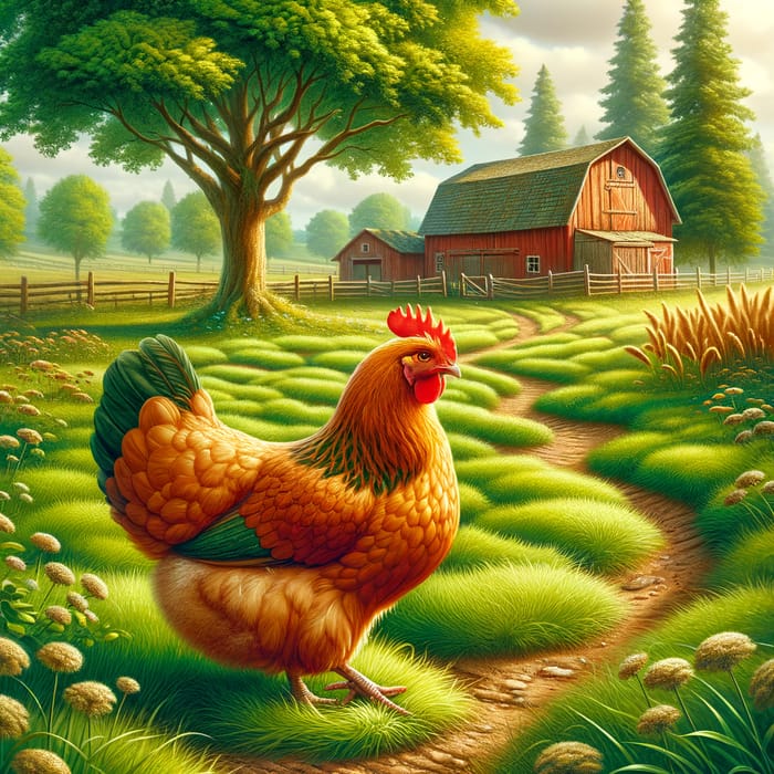 Vibrant Chicken Roaming in Countryside - Golden Feathers