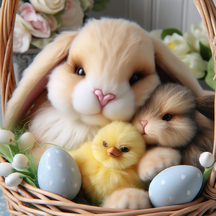Realistic Bunny and Chick Cuddling in Easter Basket