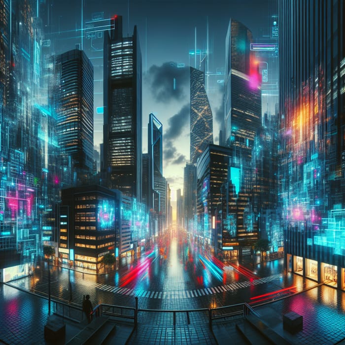Futuristic Cyberpunk Cityscape - Neon Lights, Skyscrapers, and Twilight Scene