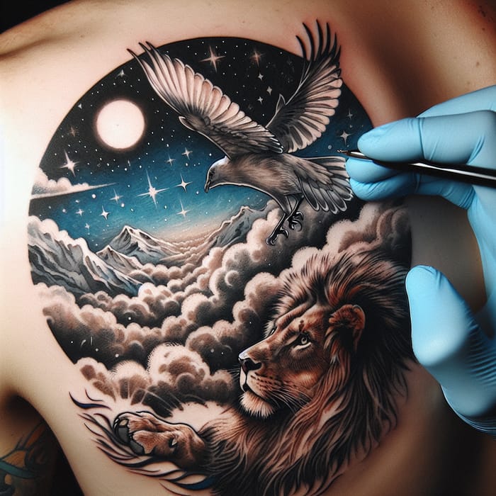 Bird Tattoo Leads Lion in Sky