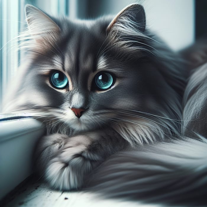 Sad Grey Cat with Cyan Eyes on Window Sill