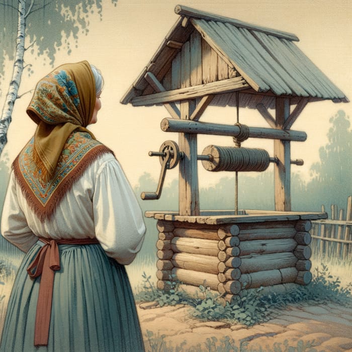 Russian Grandmother Contemplating Old Well in Folk Attire
