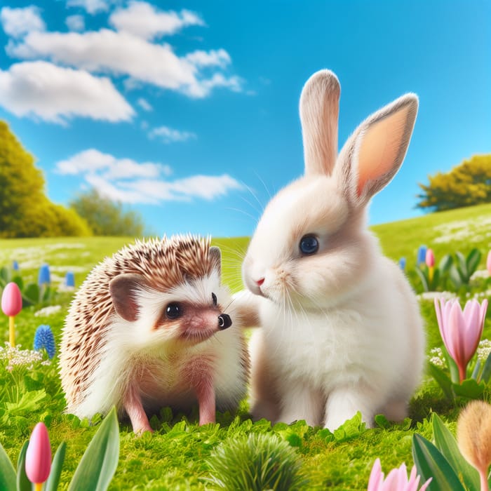 Hedgehog and Bunny Play in Meadow