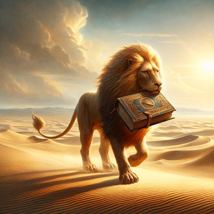 Lion Carrying Book in Desert