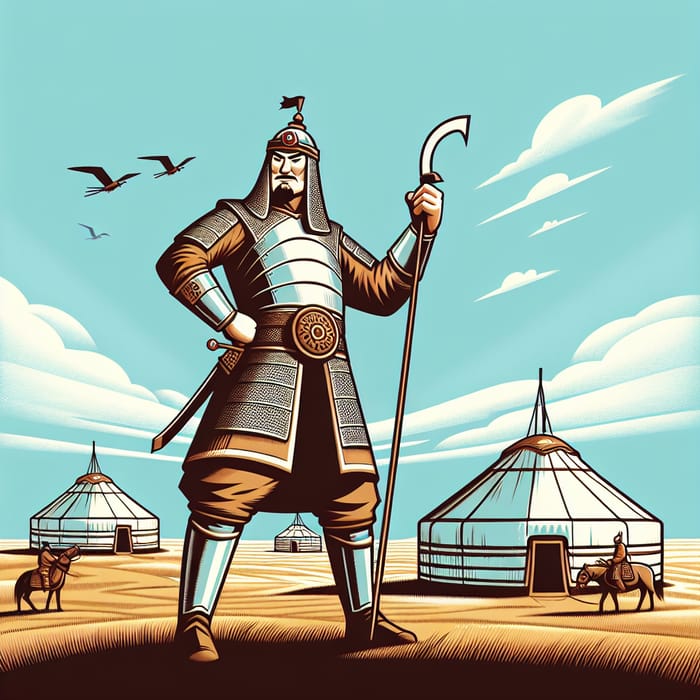 Mongolian Warrior on Steppe: Cartoon Art