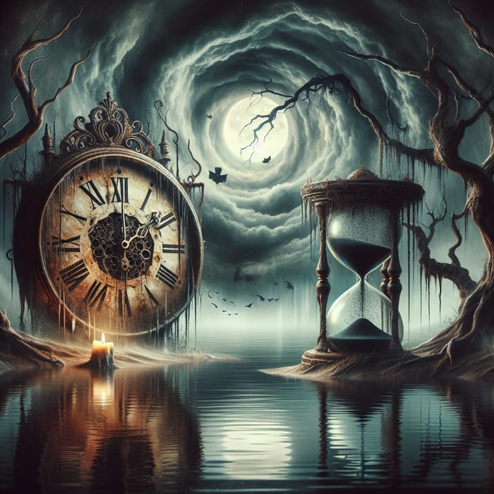 Time's Creepy Embrace Wallpaper | Haunting Clock & Hourglass