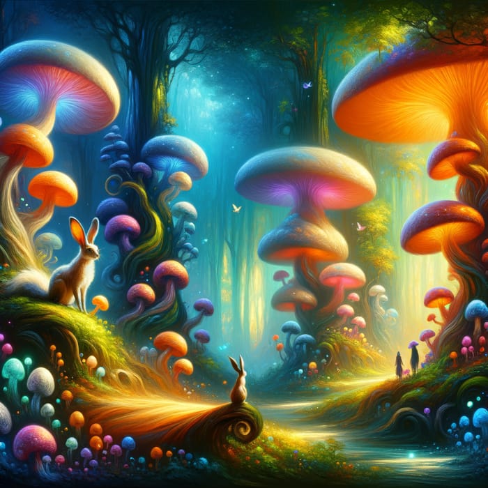 Whimsical Forest of Luminous Mushrooms and Enchanting Creatures