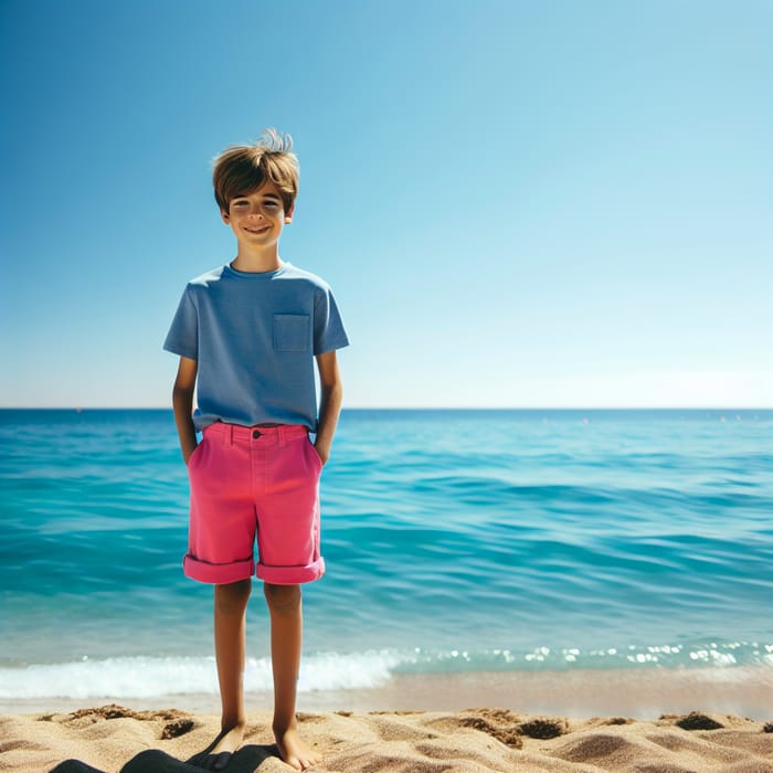 13 Year Old Hispanic Boy at the Beach | Joyful in Pink Shorts