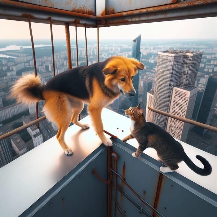 Dog and Cat Battling on Urban Skyscraper