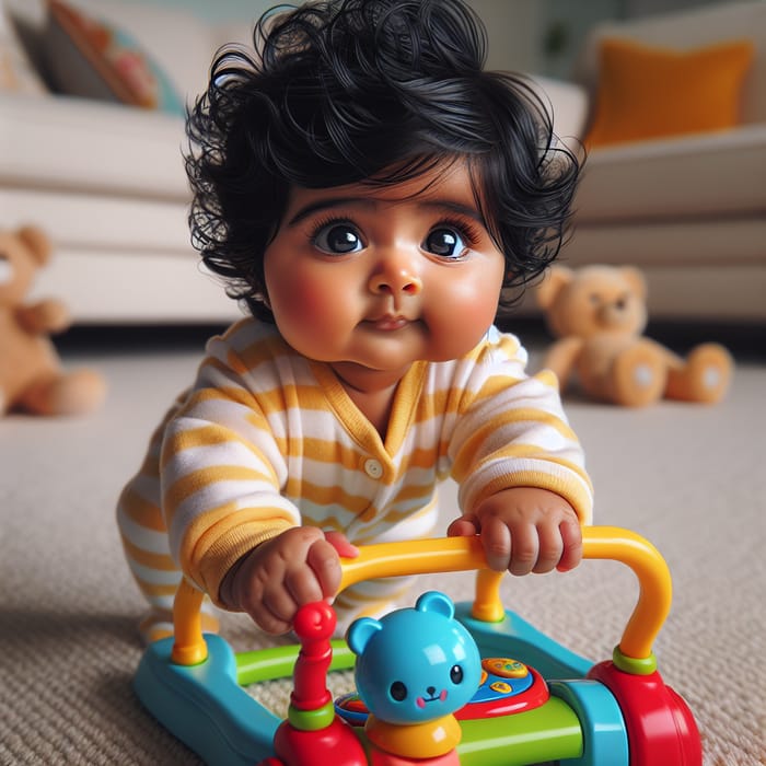 Adorable Chubby South Asian Baby Walking with Colorful Toy Walker