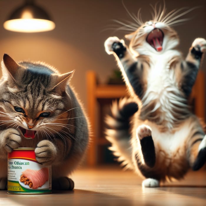 Cat Eating Tuna with Another Cat Dancing