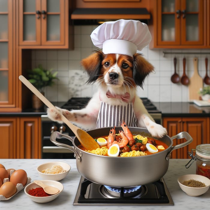 Adorable Dog Cooking Mee Curry - Kitchen Scene