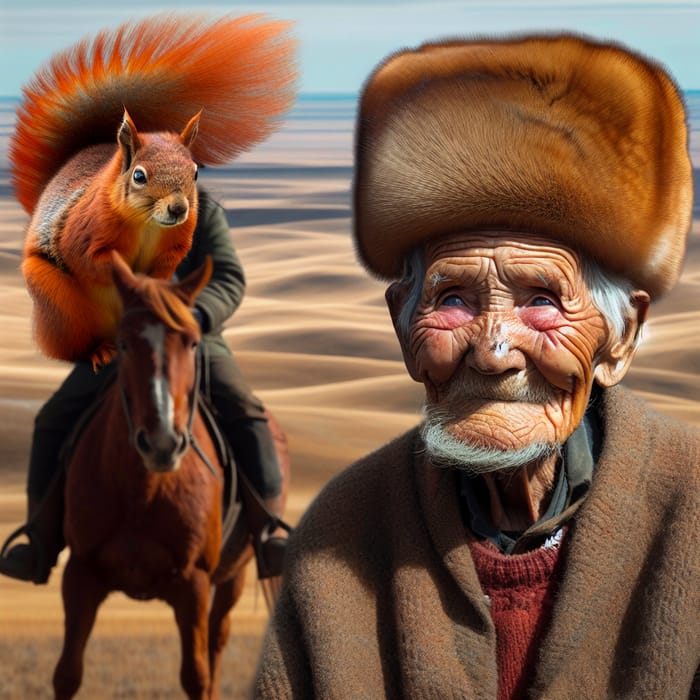 Elderly Man Wearing Squirrel Hat Rides Horse in Autumn Scene