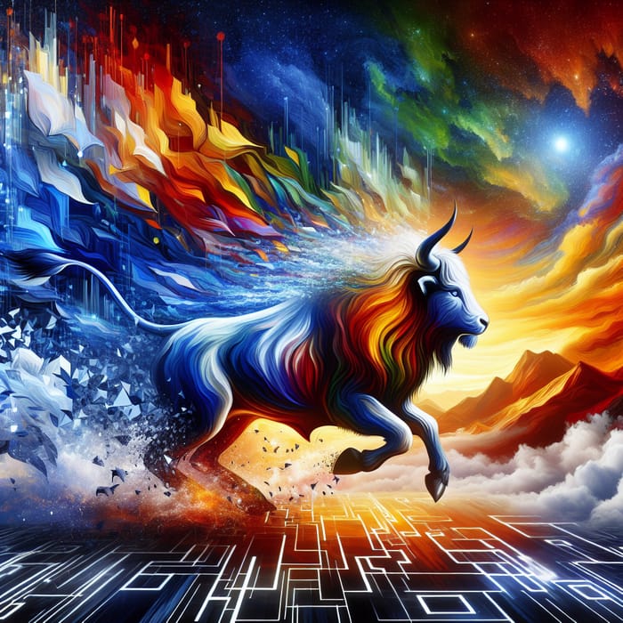 Masterful Lion and Bull Painting in Tech Landscape | Innovative Artwork