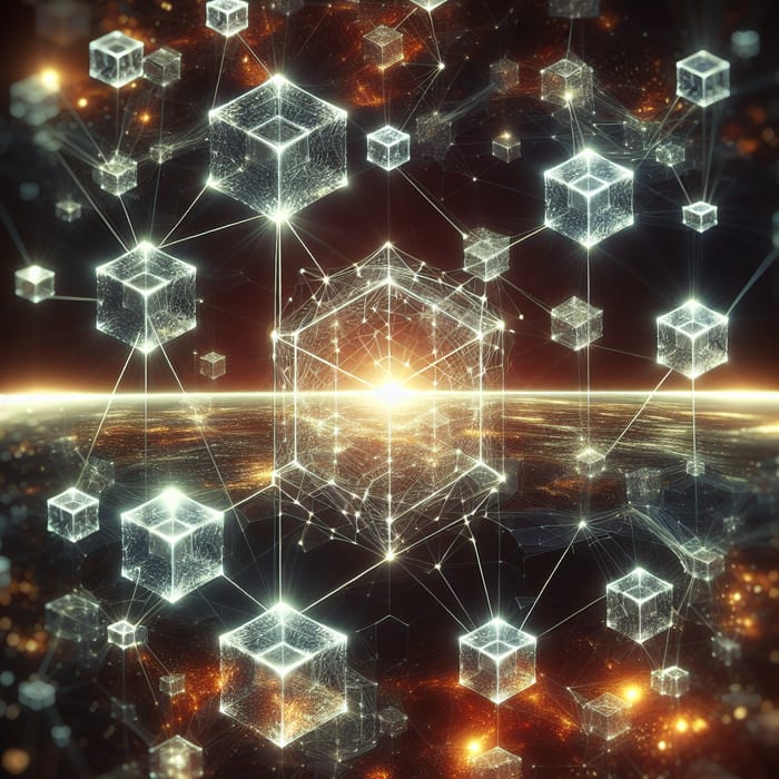 Vast Blockchain Network: Abstract 3D Shapes Glowing with Encryption | Dark Space Background