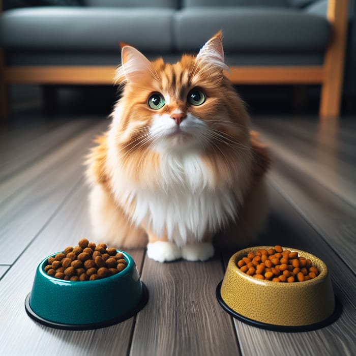 Confused Cat Choosing Between Two Pet Food Bowls