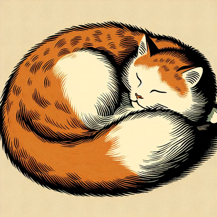 Japanese Vintage Drawing of Orange & White Cat Sleeping Tranquilly