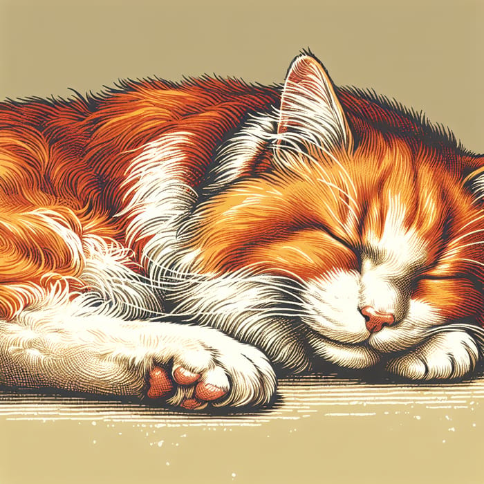Vintage Drawing of Orange and White Cat Sleeping Peacefully