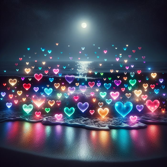 Colorful Hearts Illuminating Night Beach | Moonlit Splendor