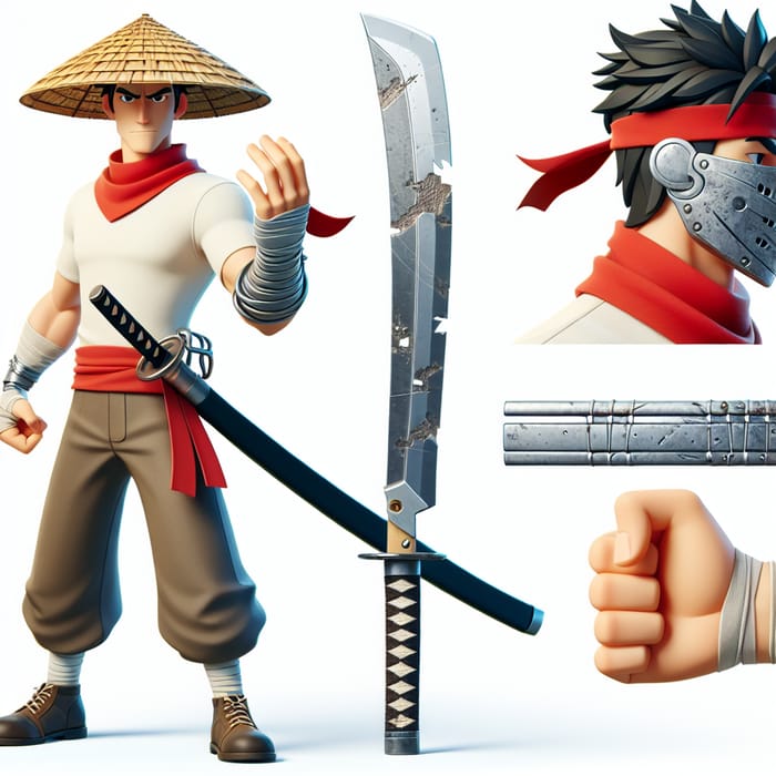 Empowering Male Anime Character with Pirate Hat, Warrior Headband & Samurai Sword