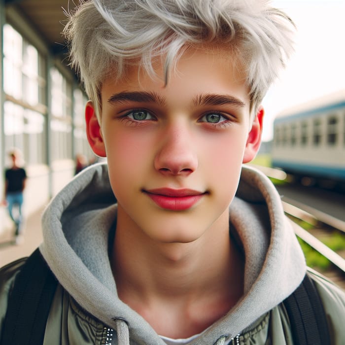 Adorable 17-Year-Old Boy with White Hair & Green Eyes