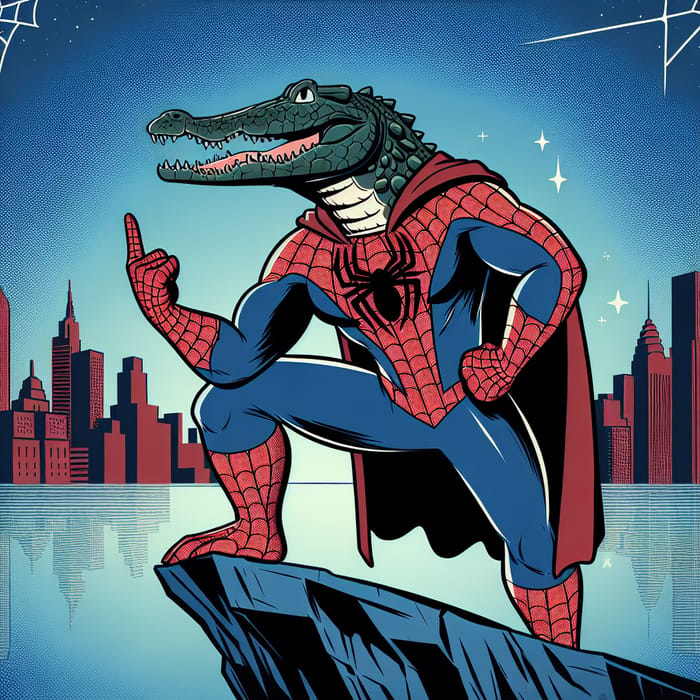 Crocodile Spiderman Hero Pose | Night Cityscape Background