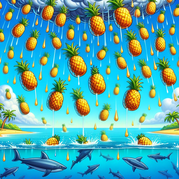 Colorful Pineapple Storm Cartoon with Sharks in Tropical Waters