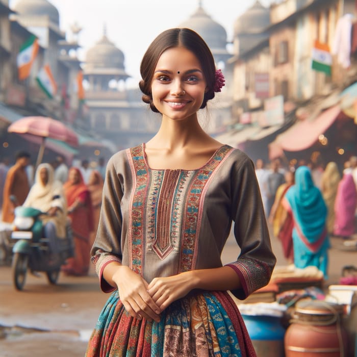 Indian Woman in Traditional Petticoat and Blouse - Vibrant Street Scene
