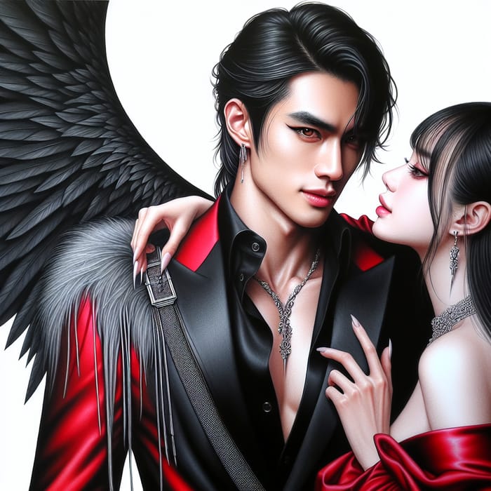 Dark Angel in Black Suit with Red Coat Embracing Woman in Red Dress