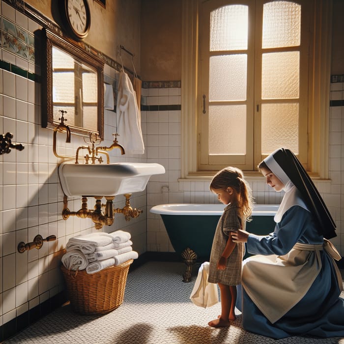 Child Getting Dressed by Nun in Bathroom