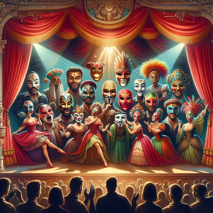 Colorful Theatrical Stage with Vibrant Masks and Diverse Performers