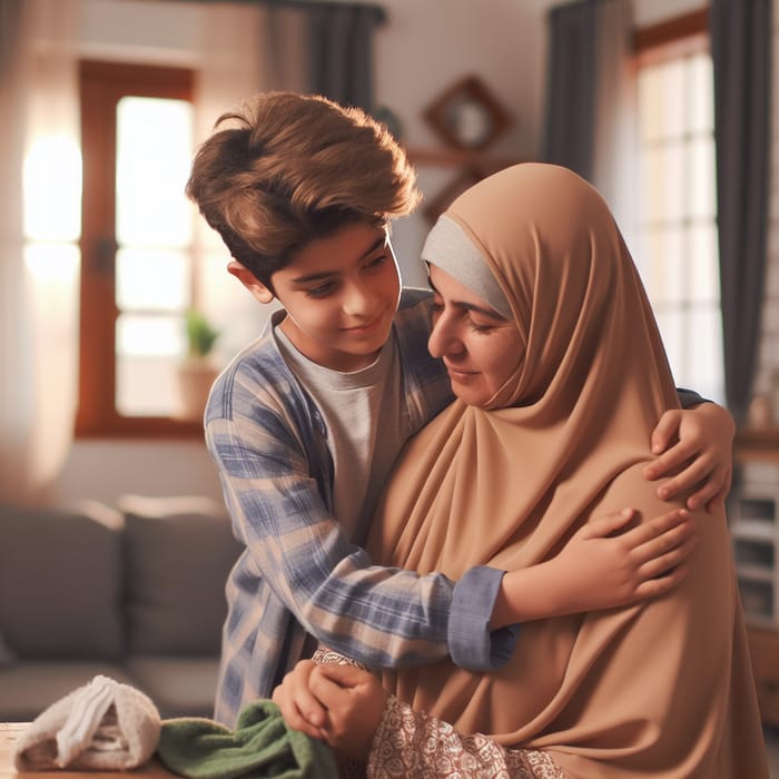 Young Boy Caring for Mother in Hijab