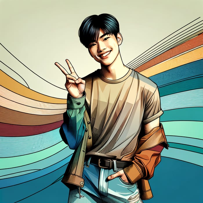 Confident Young Asian Boy Poses with Peace Sign in Aesthetic 2D Photo