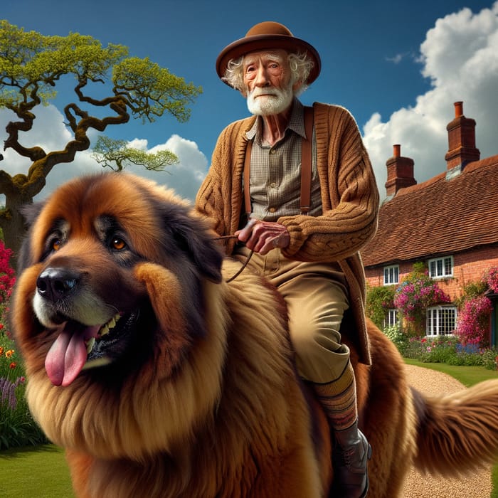 Elderly Caucasian Man Riding Friendly Brown Dog | Whimsical Scene