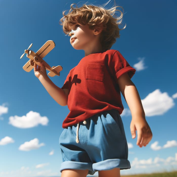 Young Boy in Shorts Playing Outdoors with Wooden Toy Airplane