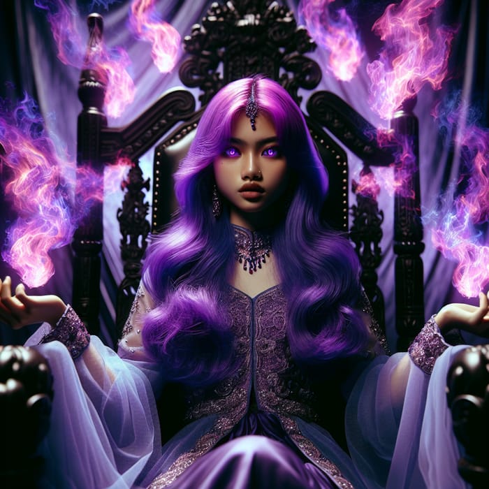 Majestic Purple-Haired Girl | Throne in Flames