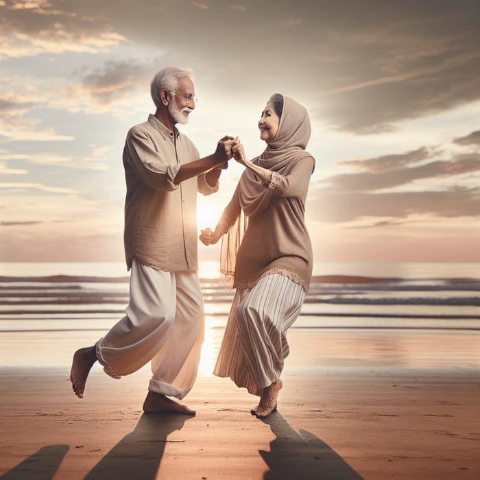 Elderly South Asian Man and Middle-Eastern Woman Dancing by Sea