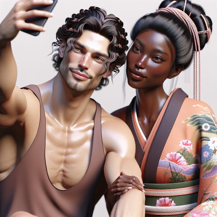 Serene Couple Selfie: Stylish Braided Hair Man & Elegant Kimono Woman