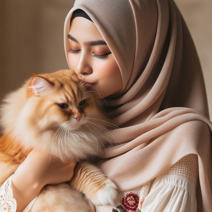 Muslim Woman Kissing Adorable Red Cat