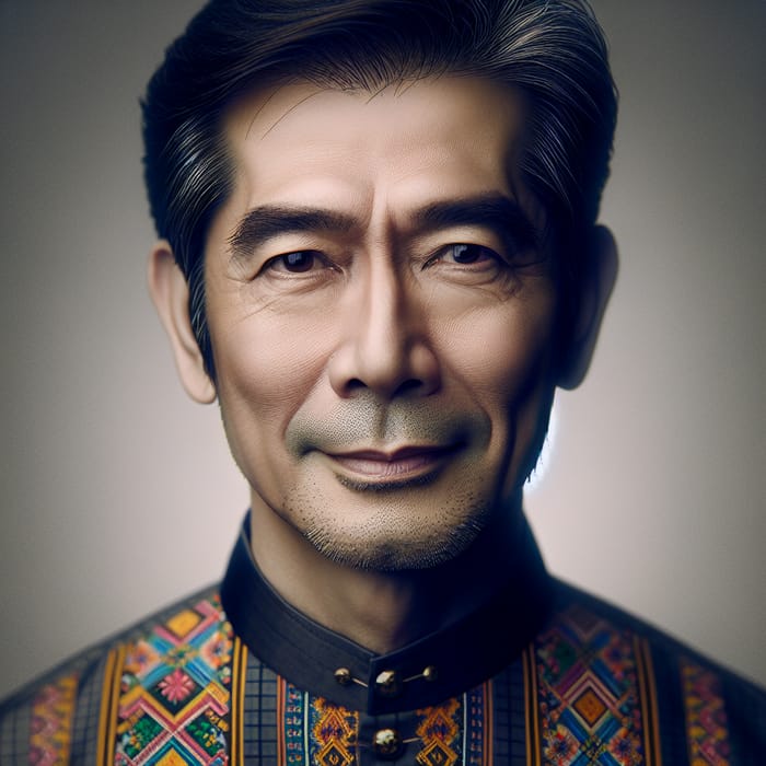 Dynamic Cultural Portrait of Asian Man in Traditional Attire