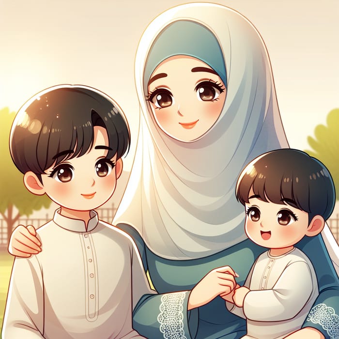 Heartwarming Scene of Middle Eastern Mother with Two Sons - Beautiful Black-Haired Family